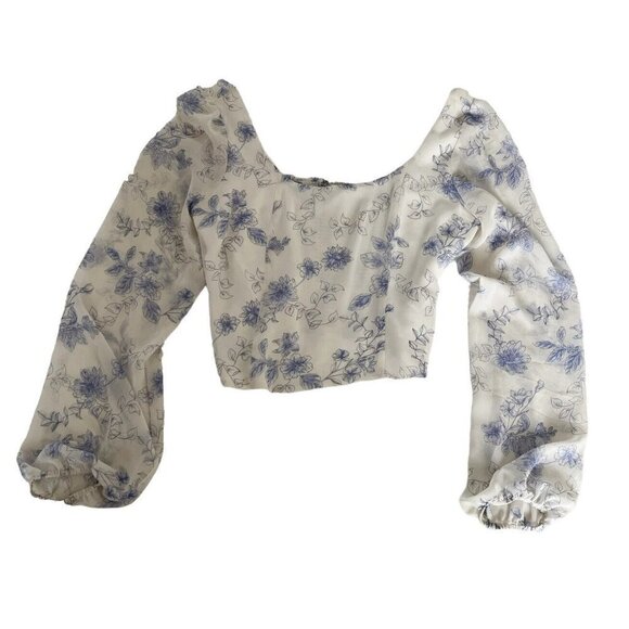 House of Harlow Women's Sz S Blue Floral Cropped Balloon Sleeve Smocked Back Top - Picture 8 of 8